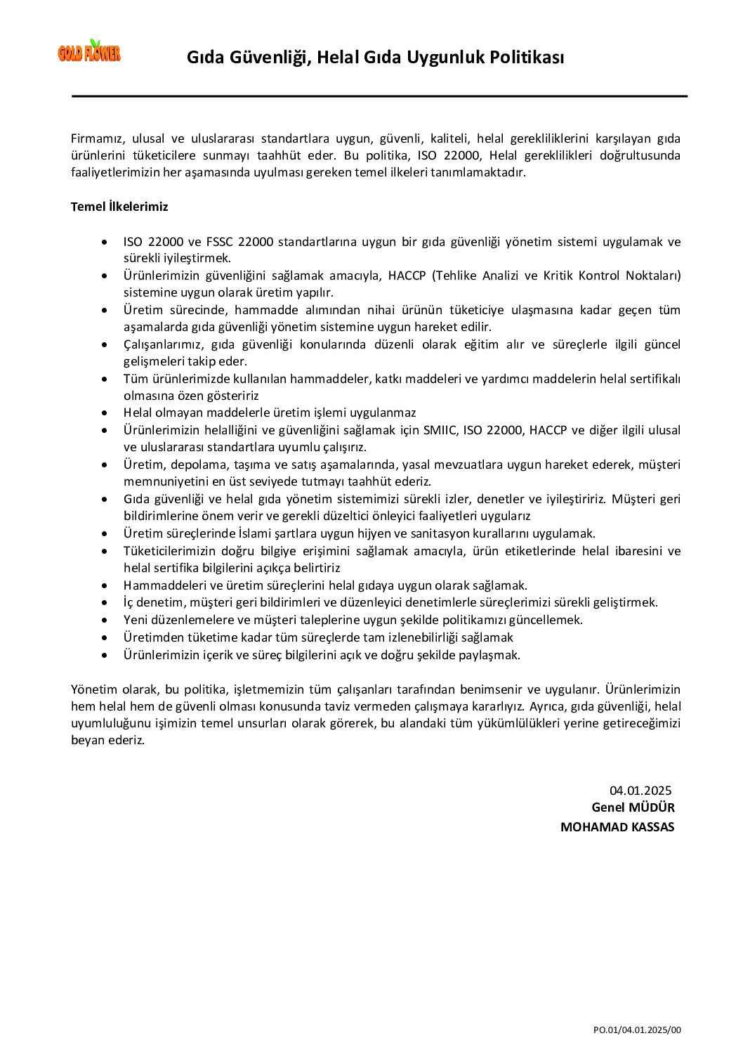 PO.01-00 Gıda Güvenliği- Helal-Kosher Politikası